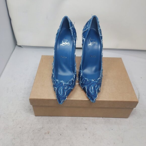 Christian Louboutin Blue Kate Toile Denim Brode Heel Shoe - Picture 6 of 11